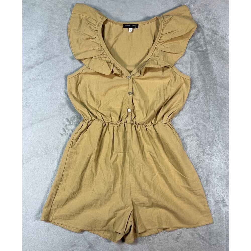 Tan Romper Ruffle Button Front Cotton Small USA Made Bohemian - Picture 2 of 6